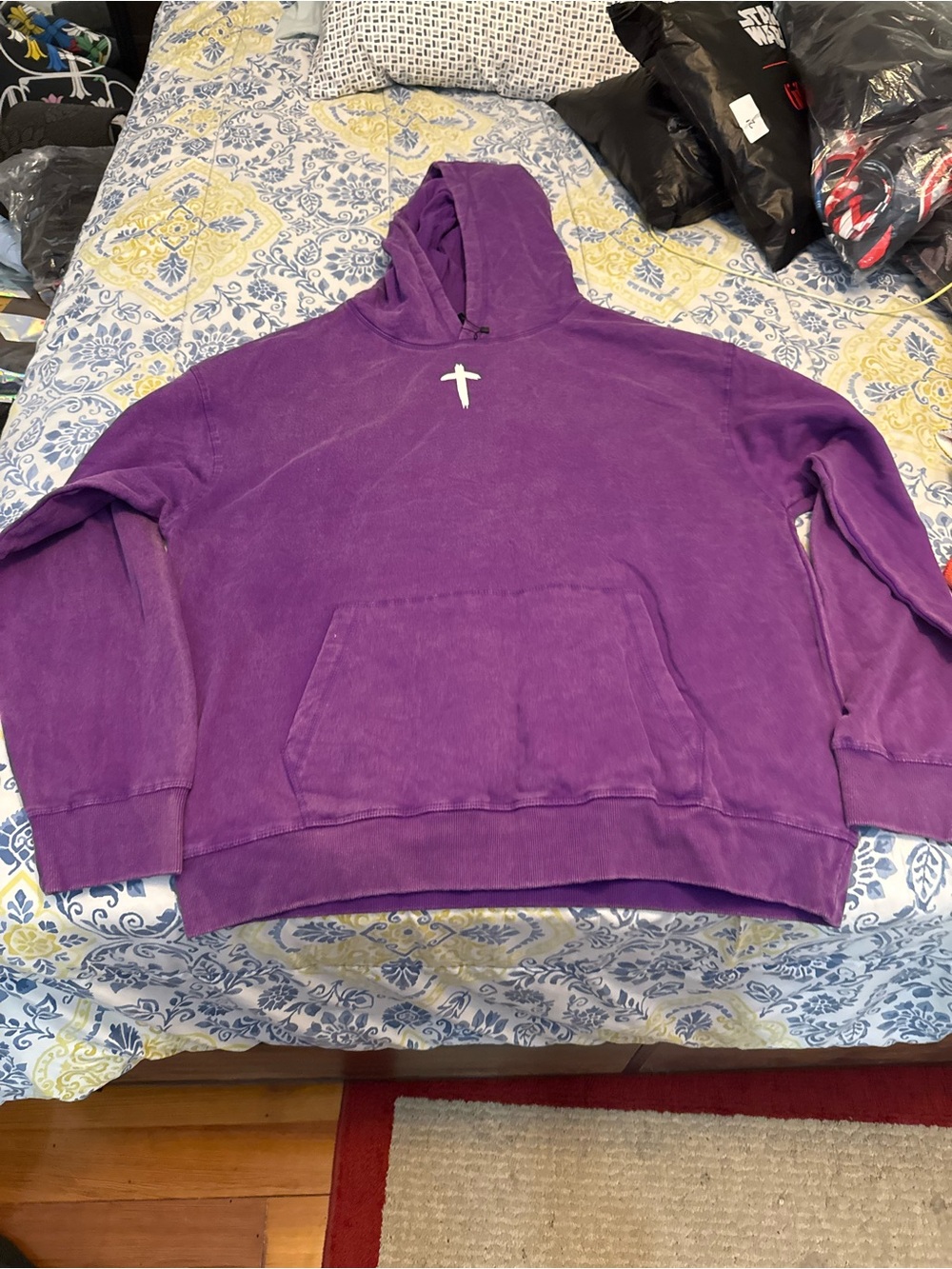Ringspun Jesus Love You Purple Washed Pullover Hoodie with Cross Accent